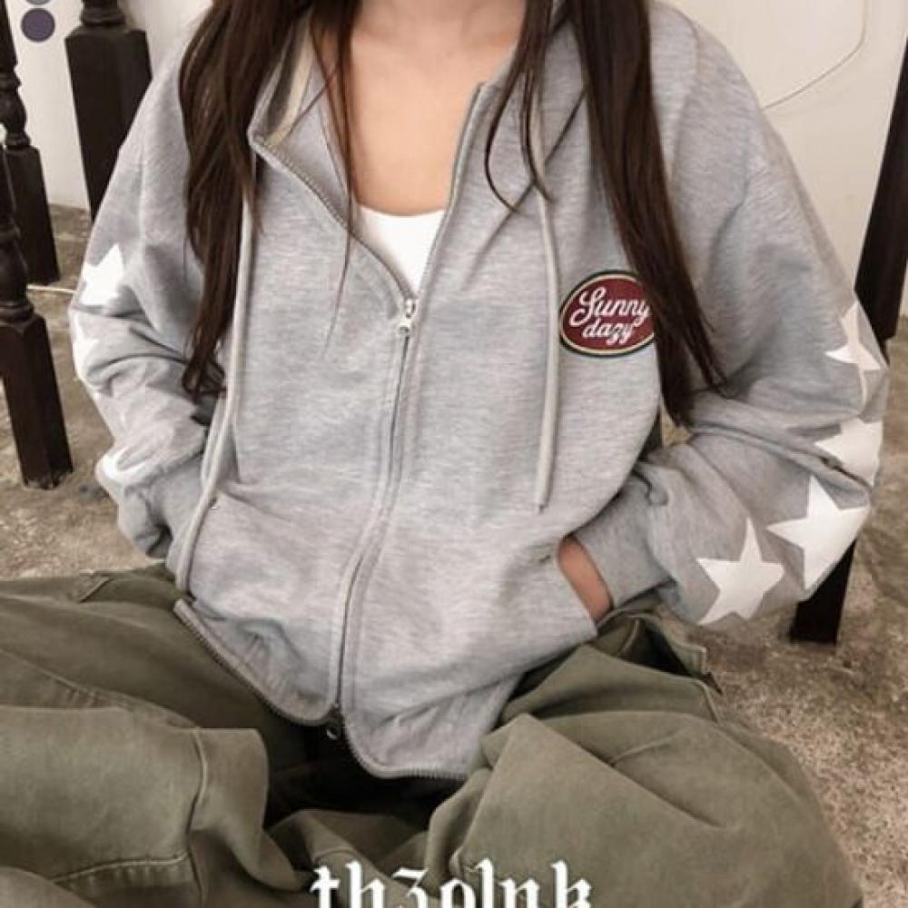 The Pink Loose Fit Vintage Lettering Star Printing Hoodie Zip
