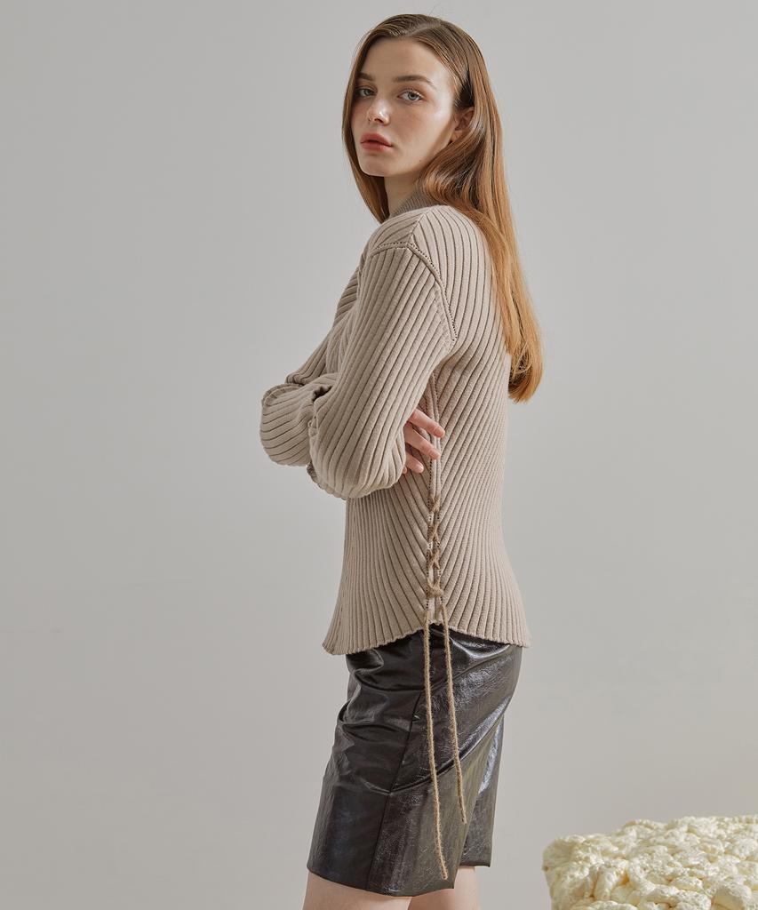 ETMON Slit Sleeve Side Strap Knit Top Beige