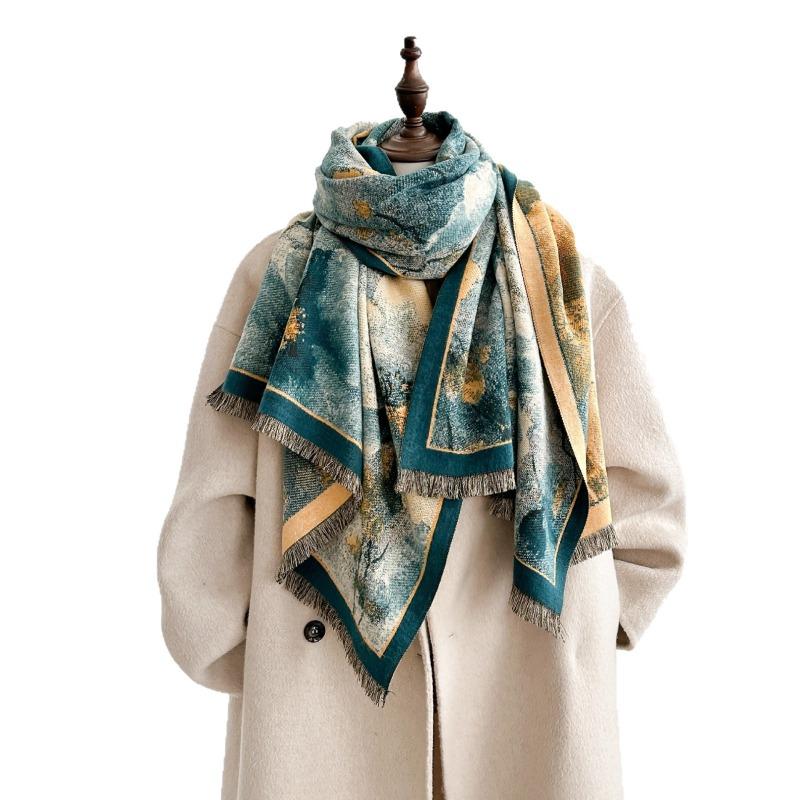 Vintage oil painting style flower short beard thickened double-sided scarf air-conditioned room shawl winter women's outer cape women