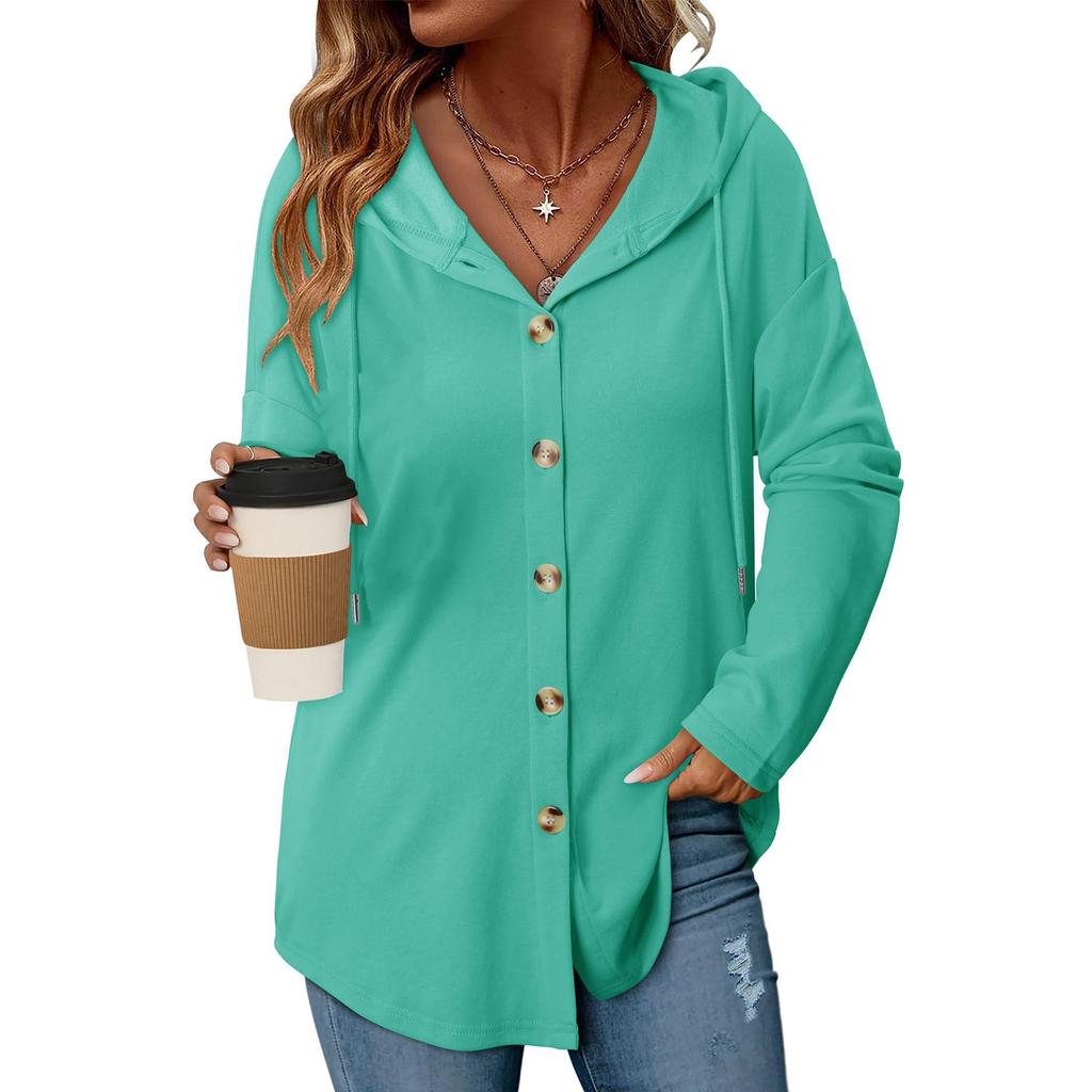 Women's Fashion Casual Raglan Long-Sleeve Drawstring Coat, Vintage Buttoned Hooded Coat