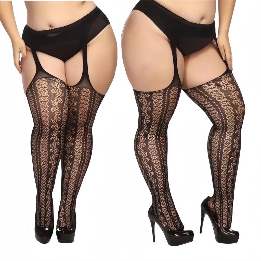 Oversized Women Hollow Black Fishnet Pantyhose Plus Size Knee Thigh High Sheer Sexy Lace Stockings Lingerie Socks Tights 5Xxxxxl