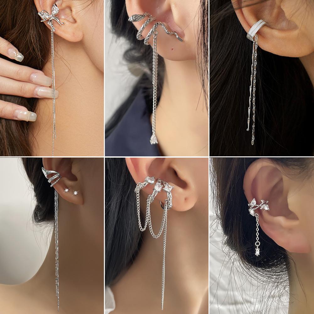 1pc Ear Cuffs Fake Piercing Earrings For Girls Long Chian Tassel Ear Clip Snake Butterfly Women's Jewelry New Ins Fashion EF117