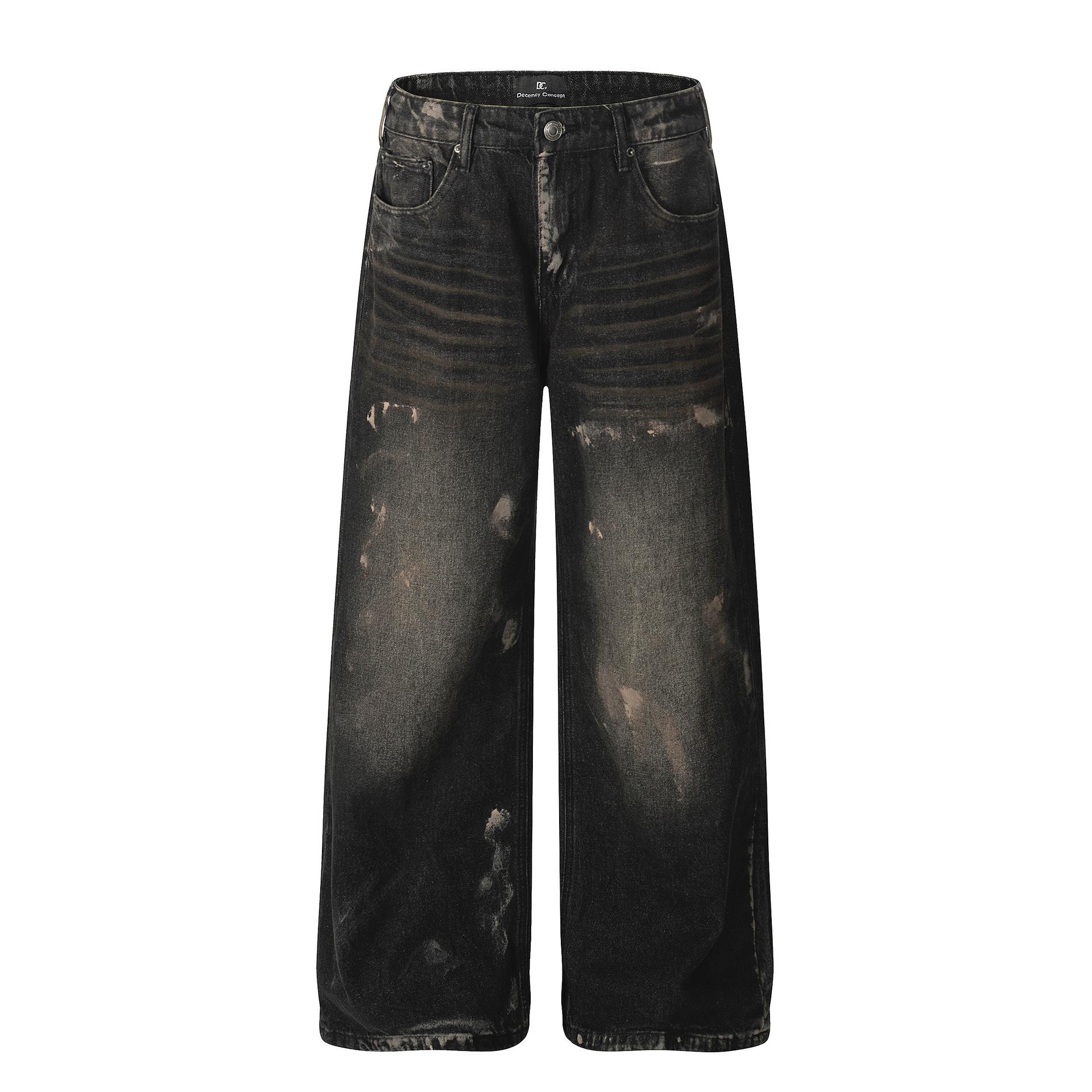 Trendy brand autumn American retro washed jeans straight individual cleanfit trousers S чёрный