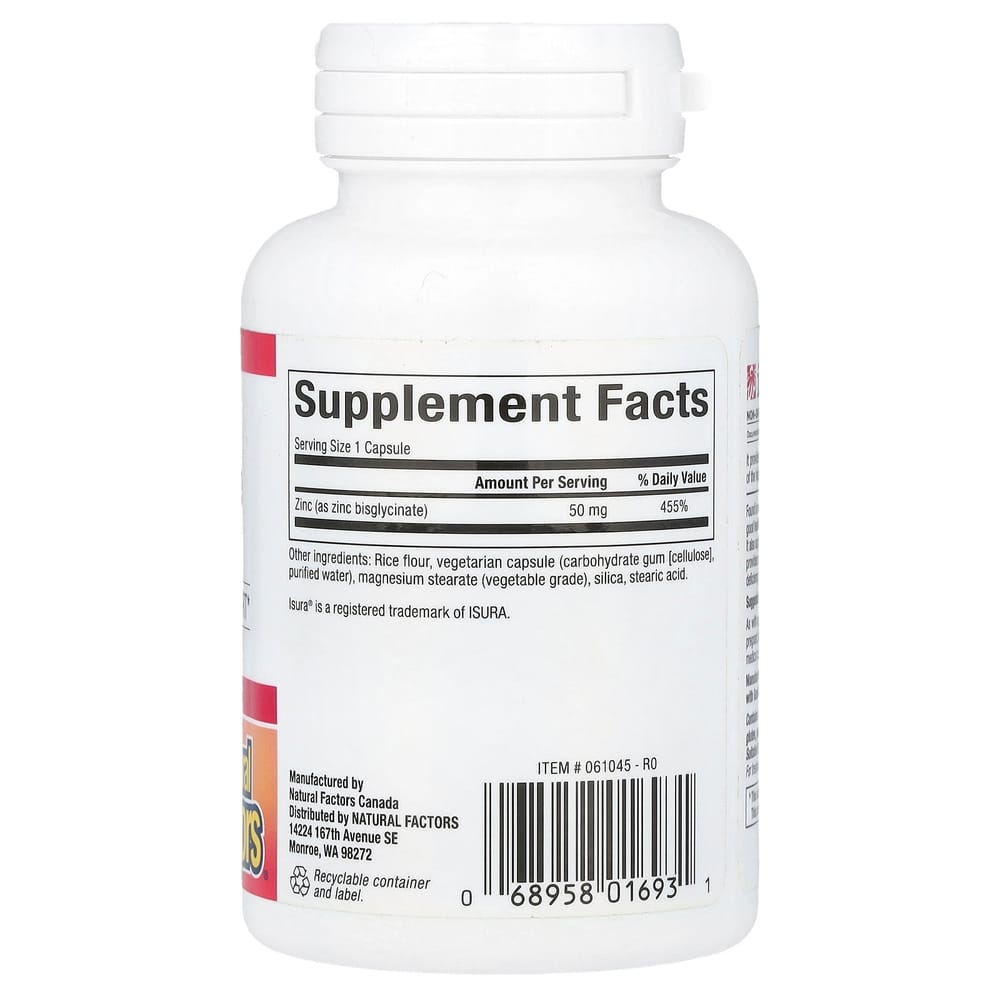 Natural Factors Zinc Bisglycinate 50mg Veggie Capsules, 60 Count