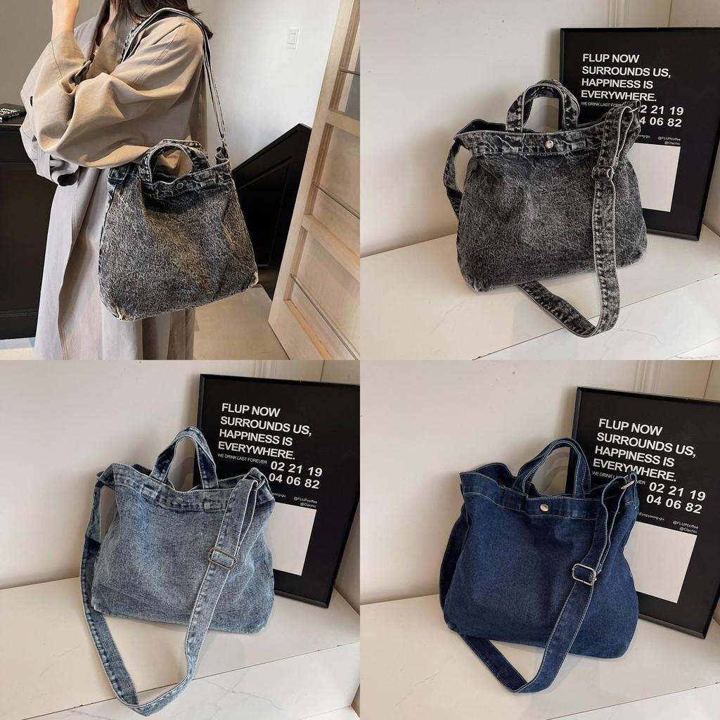 Large Capacity Denim Bag With Magnetic Closure For Casual Travel And Daily Use