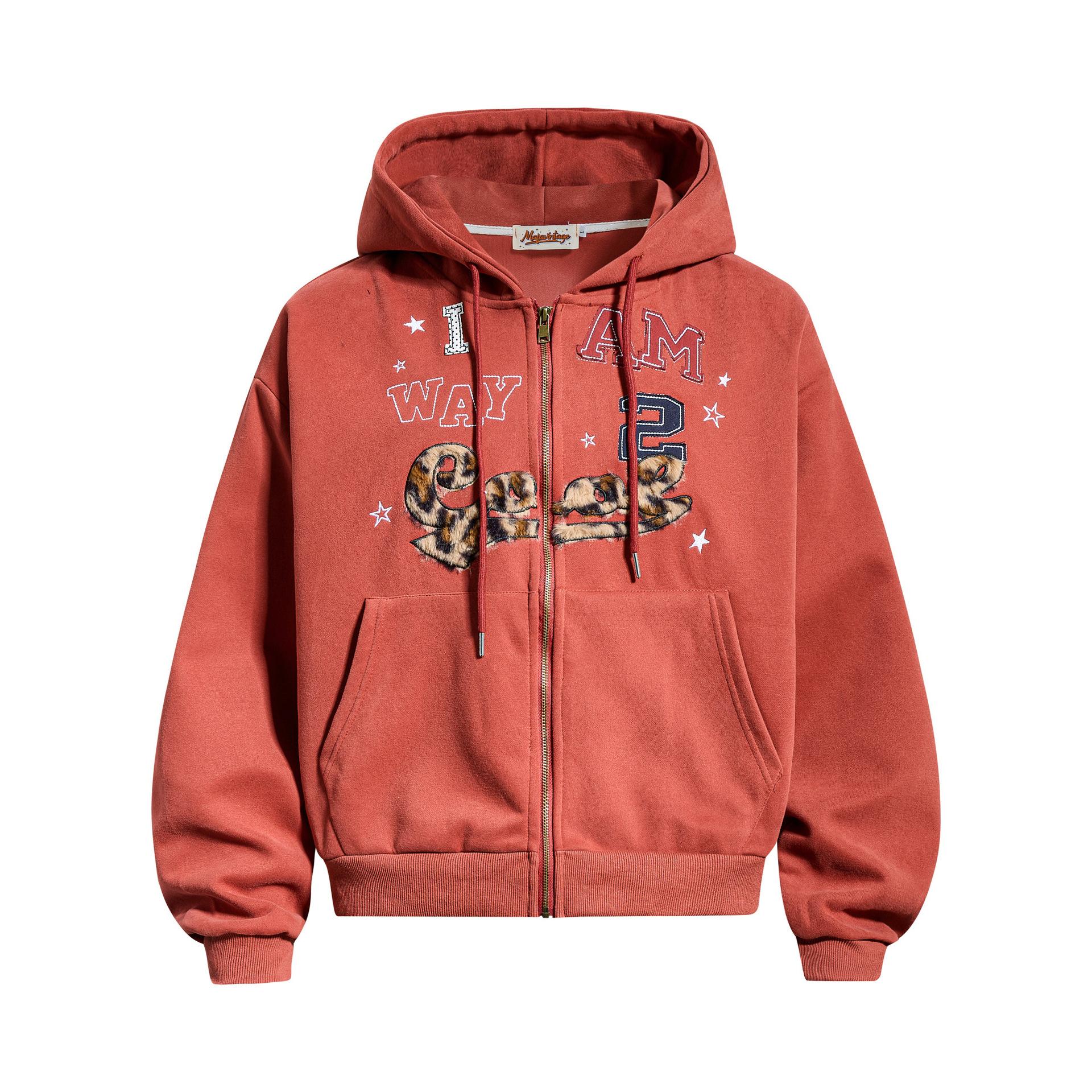 Spring and summer American retro hoodie jacket patch embroidered cardigan zipper sweater couple M