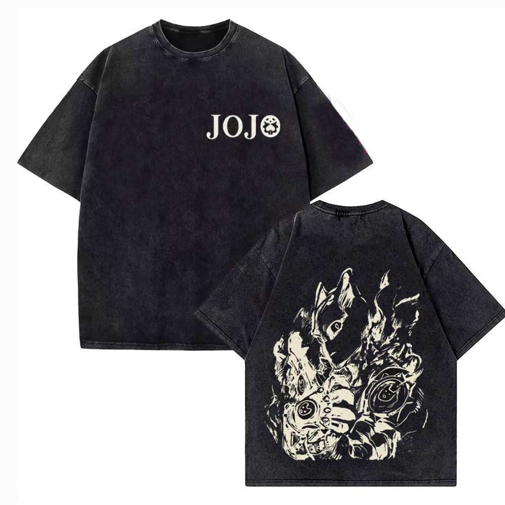 Retro Washed Men's JoJo's Bizarre Adventure Anime Print Cotton Casual Short-Sleeve T-Shirt