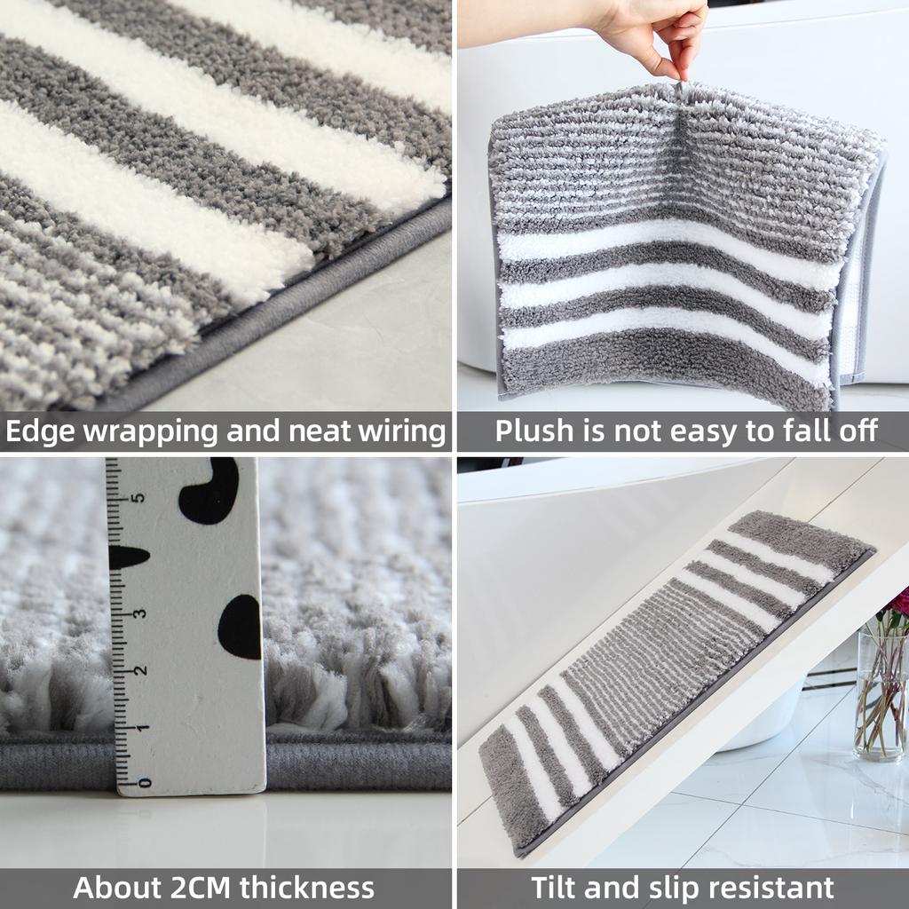 Striped Microfiber Bathroom Carpet Set 2-piece,waterproof,non-slip and Quick Drying,machine washable,TPR Backing, Medium Velvet