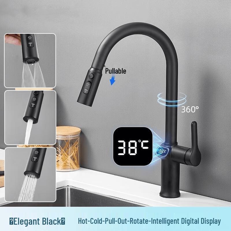 TLXT Black Pull-Out Kitchen Sink Faucet, Hot & Cold