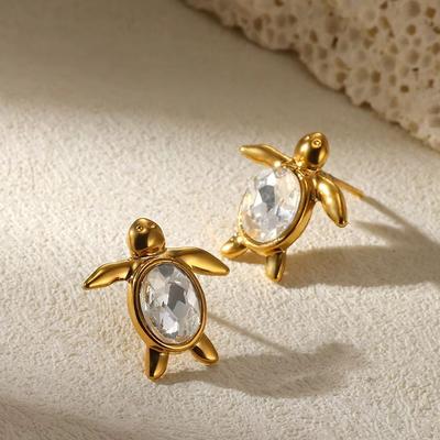 Vintage Crystal Turtle Stud Earrings For Women Gold Color Stainless Steel Geometric Stud Earrings Wedding Jewelry Christmas Gift