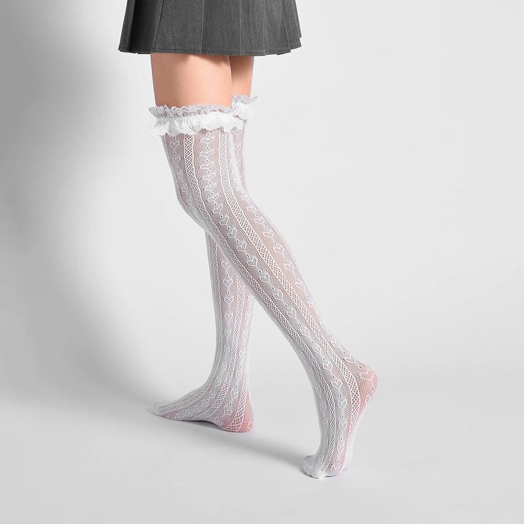 1 Pair Women's Heart Pattern Lace Thigh High Stockings Ruffle Trim Bowknot Over Knee High Socks
