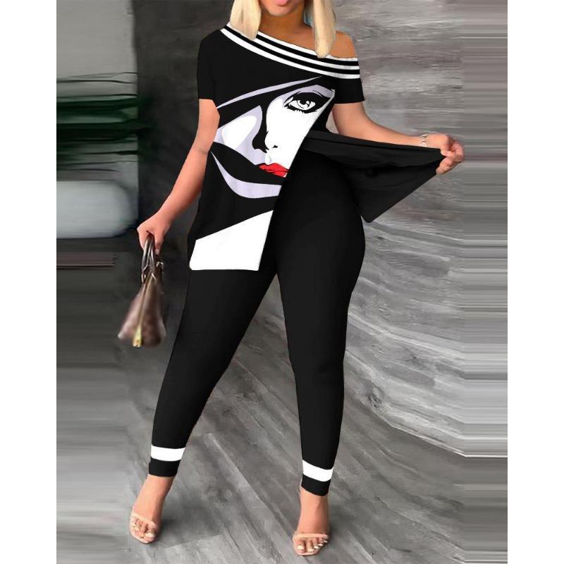 YYFS Women's Fashion Casual Summer Spring Short Sleeve Oblique Collar Trousers Pants Suits