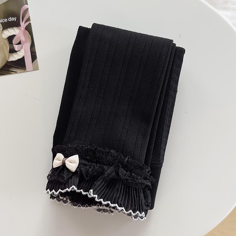 Girls' Brushed Cotton Leggings with Bow & Lace Trim - Autumn/Winter Fleece, Nine-Point Length