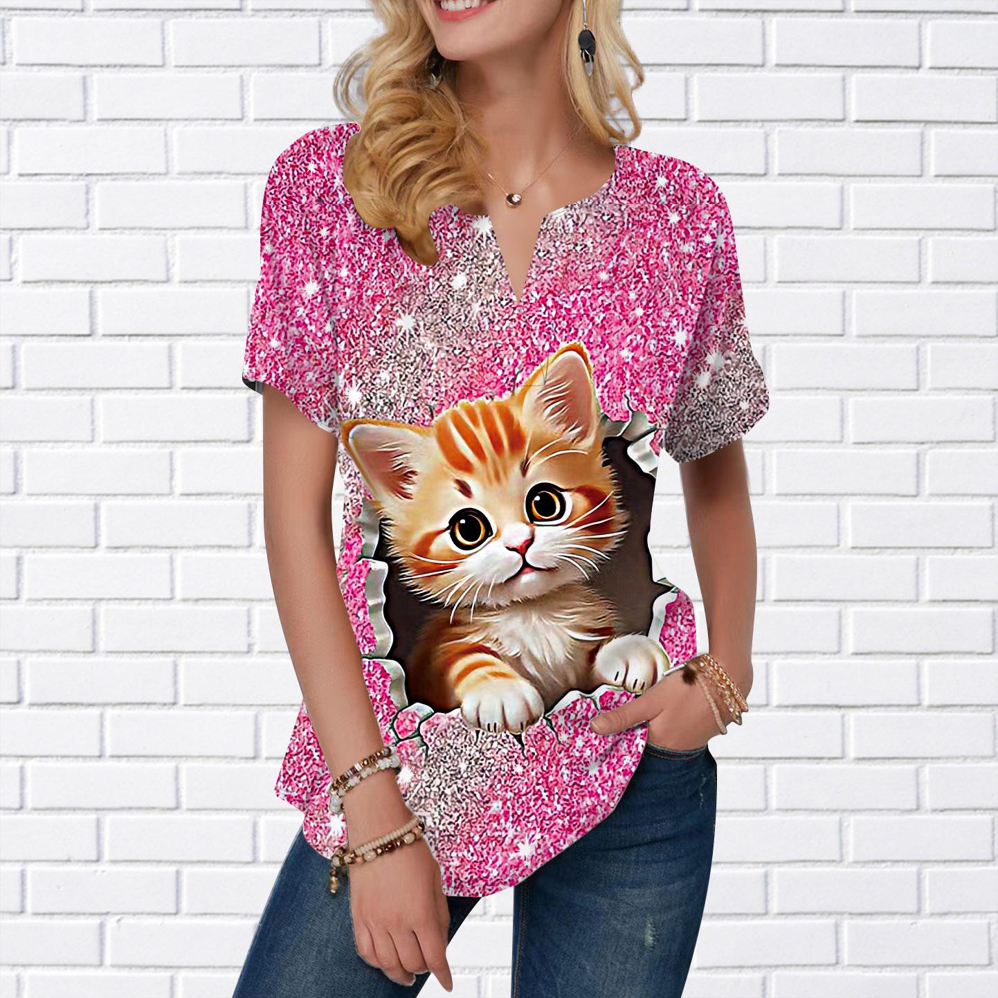 

Женская летняя футболка с фиолетовым звездным принтом кота, футболки с короткими рукавами, повседневные топы с принтом, маленький v-образный вырез с короткими рукавами 8XL розовый