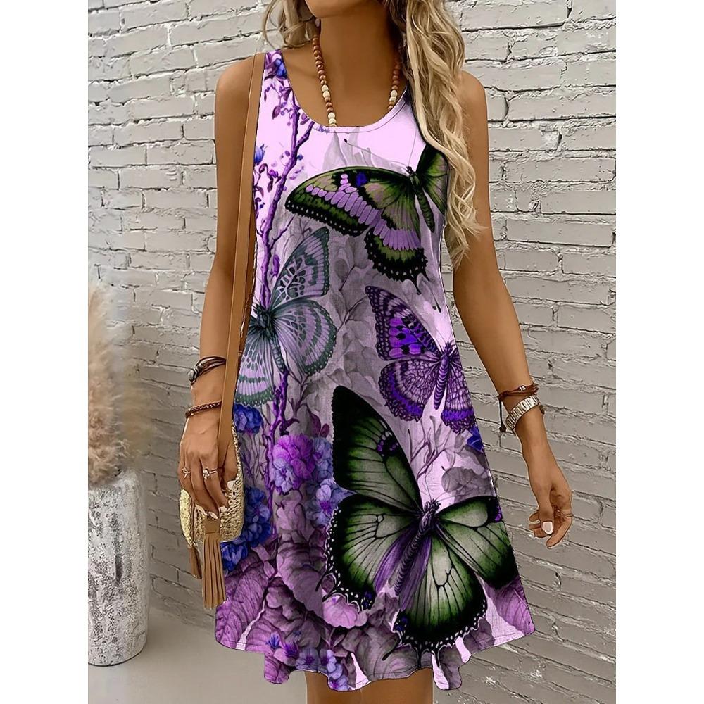 Summer New Women's Dress Retro Colorful Creative Pattern 3D Printing Loose Casual Vacation Round Neck Sleeveless Vest Dress