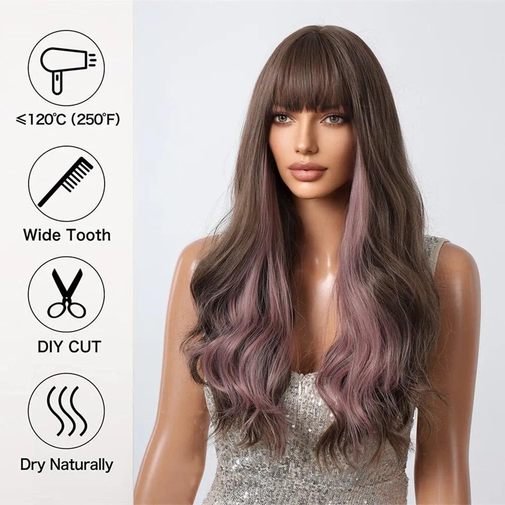 ALAN EATON Brown Synthetic Wig with Purple Highlights Colored Cosplay Party Hair Long Wavy Wigs with Bangs Heat Resistant Fiber