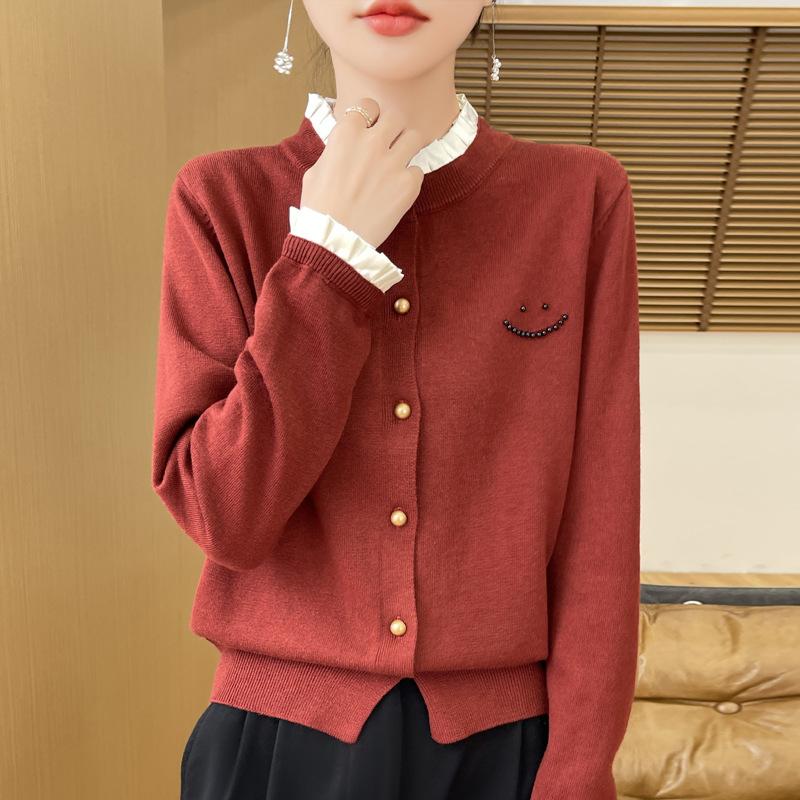 

Круглый вырез свитера женский кардиган осень и зима деревянный ушка кромка вязаный топ XXL красный