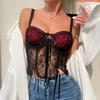 Nieuwe Sexy Wijnrood Kant Patchwork Vetersluiting Stalen Beugel Visgraat Bandjes Top Lingerie