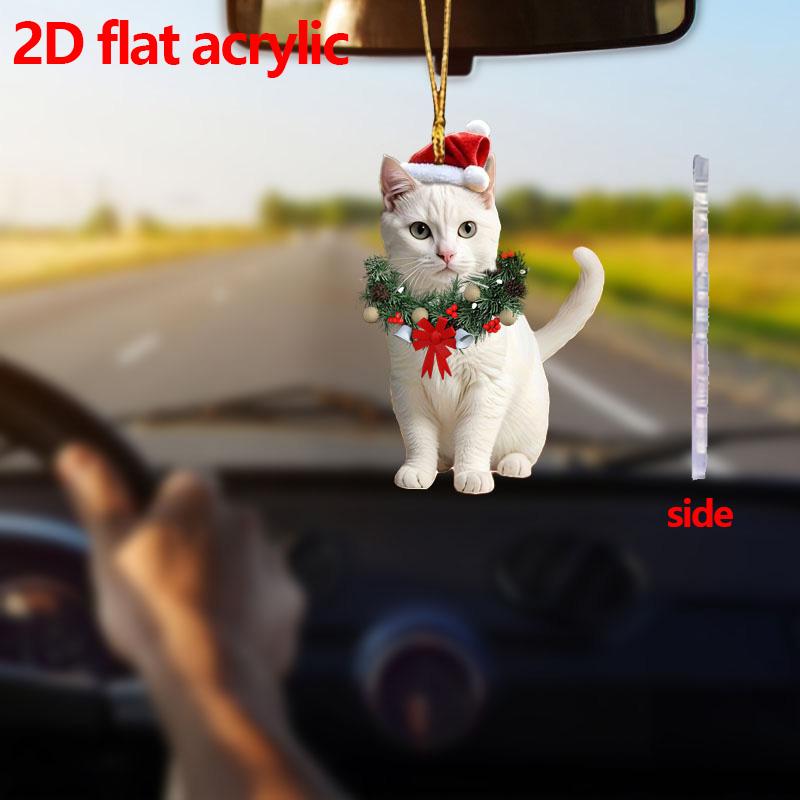 2D Flat Acrylic Christmas Ornament,Cute Cat with Santa Hat & Wreath,Kitten Pendant Keychain,Decor for Car,Bags,Festive,Home,Gift