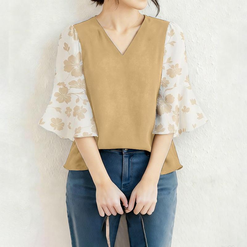 ZANZEA Women Casual V-Neck Print Splice 3/4 Sleeve Loose Blouse