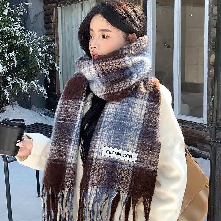 Korean Style Plaid Mohair Scarf - Women's Winter Imitation Cashmere Shawl