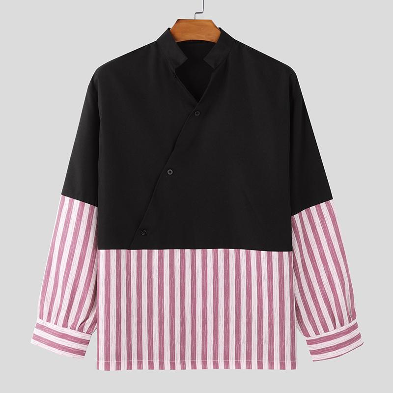 INCERUN Oversized Men Stand V Neck Long Sleeve Striped Patchwork Casual T-shirts Tops