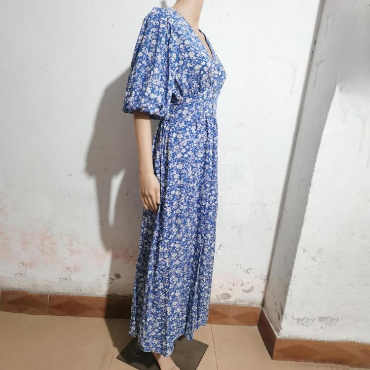 Women Casual Bohemian Beach Floral Print V-neck Short Sleeve A-Line High Waist Elastic Ankle-Length Slit Spring Summer Dress