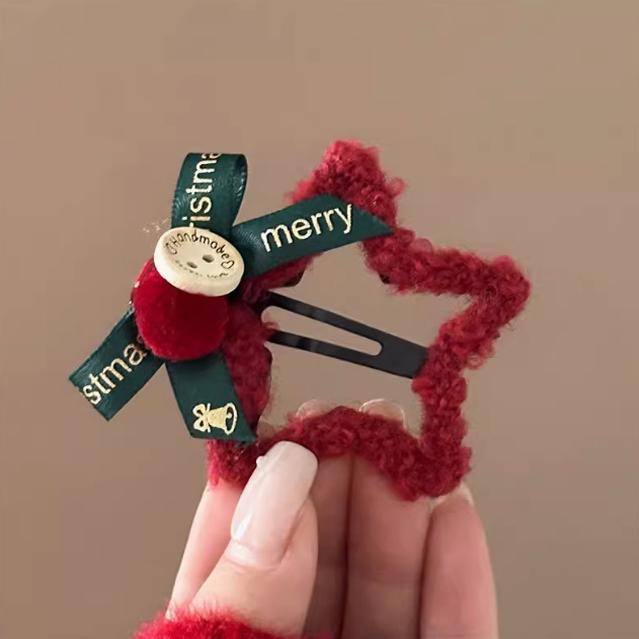 

Красный плюшевый бант-заколка для волос в виде звезды - Праздничная заколка для Нового года и Рождества