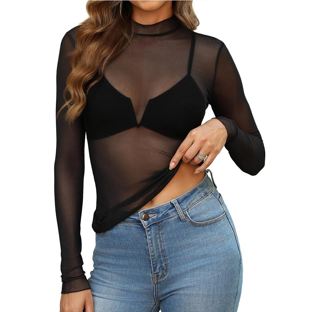 Neues Damen Halbhoher Kragen Durchsichtig Langarm T-Shirt und Sexy Tüll Top