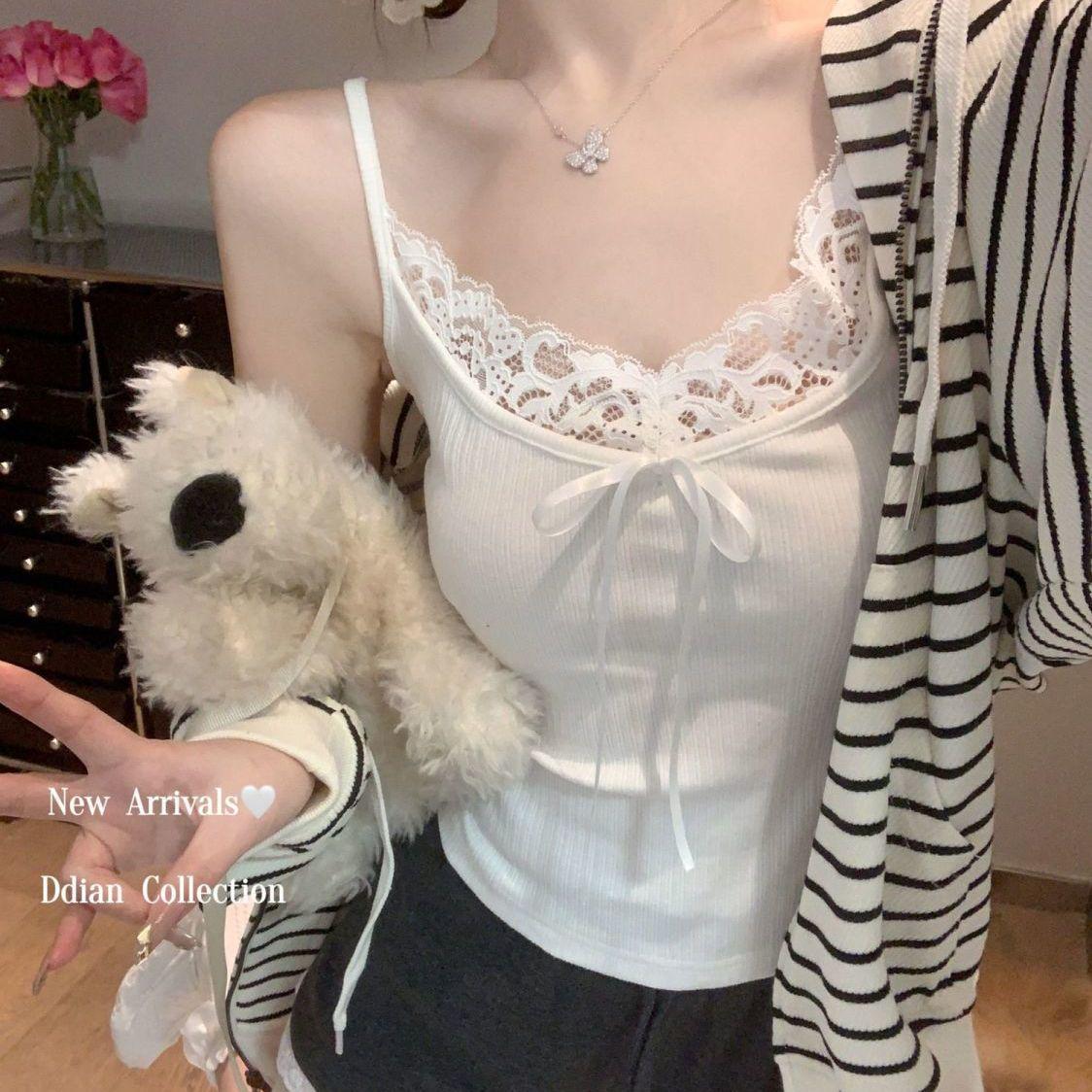 Plus Size Lace Trim Bow Camisole Tank Top - Summer Loose Fit XXD Bow 1 Piece