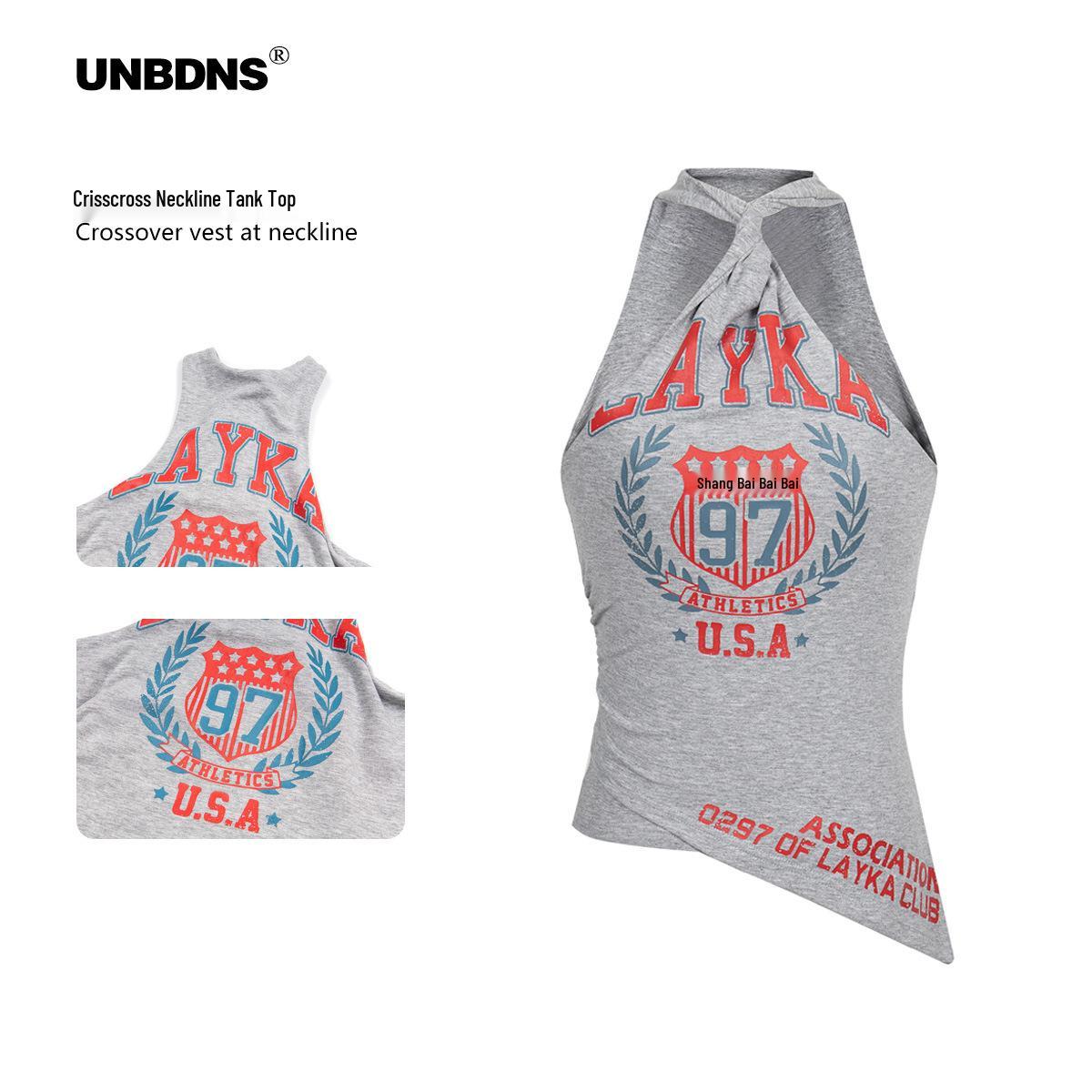 

Sleek Cross-Neck Irregular Camisole Vest with Letter Print S