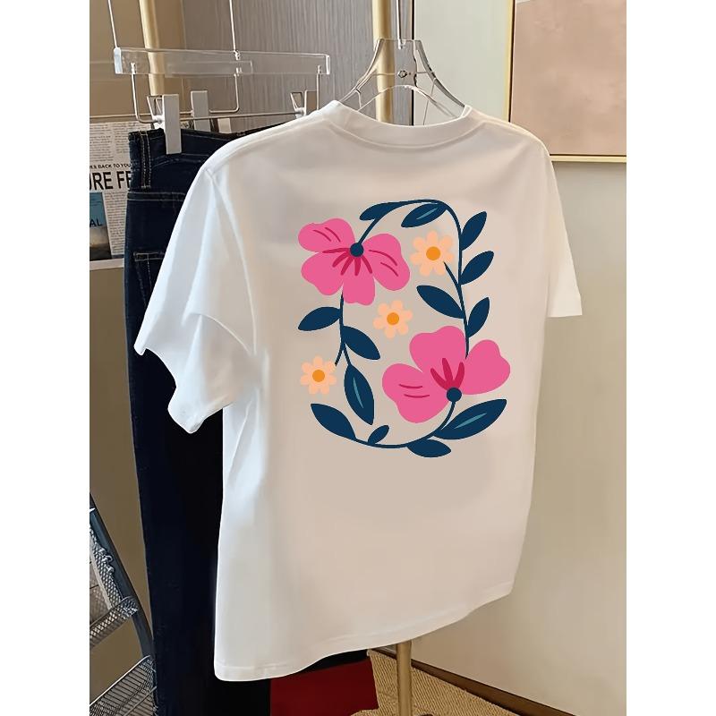 Pattern Flowers Print T-Shirt Crew Neck Casual Top for Summer Spring Women S Clothing Fashion Boutique T-Shirt Casual Wear Pattern  Crew Neck T-Shirt S