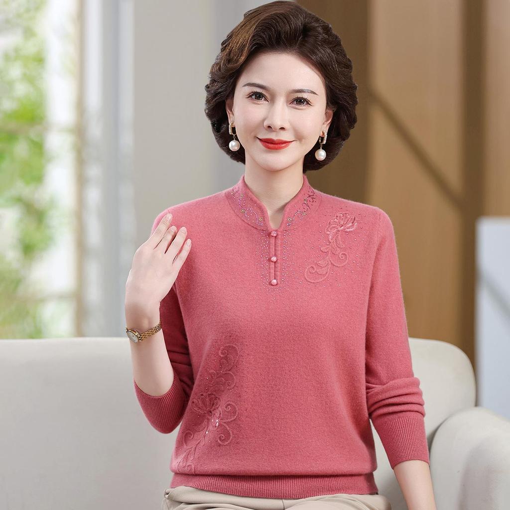 Benmingnian Red Wool Sweater for Middle-Aged Women - Plus Size Autumn/Winter Fashion Pullover