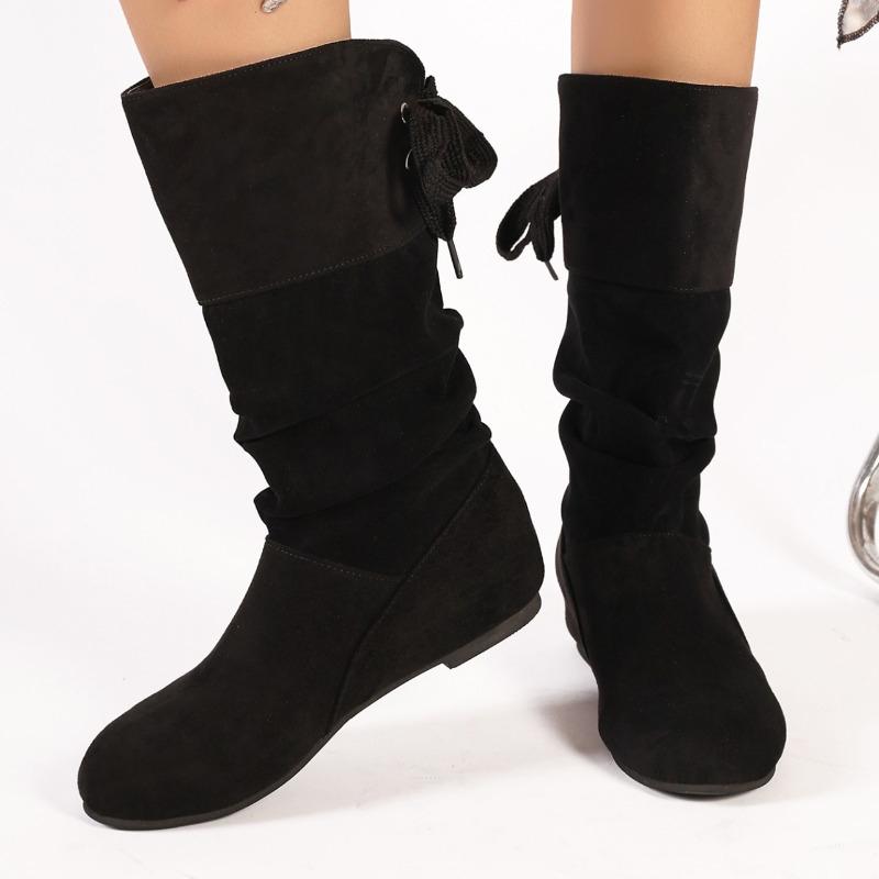 Fashion 2024 Autumn Fashion Solid Slip on Shoes Ladies High Boot Women Shoes New Pleated Wedge Long Boots Round Toe Women Leather Boots