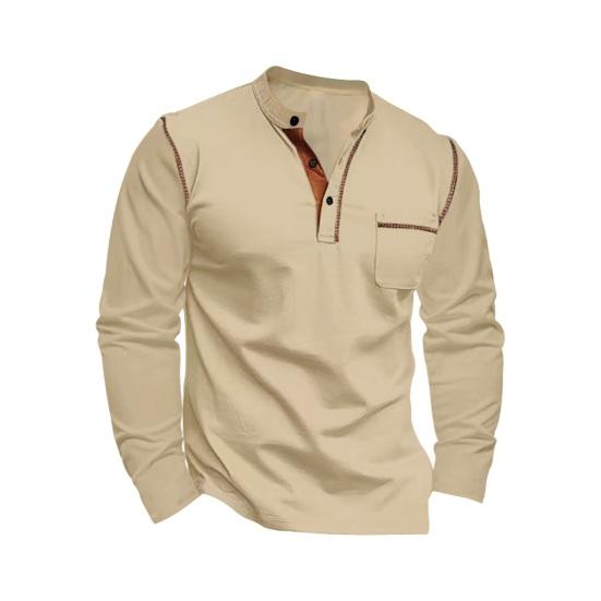 Sommer Herrenhemd Stehkragen Lange Ärmel Patchwork Brusttasche Farblich passend Resort Wear Urlaub Strand