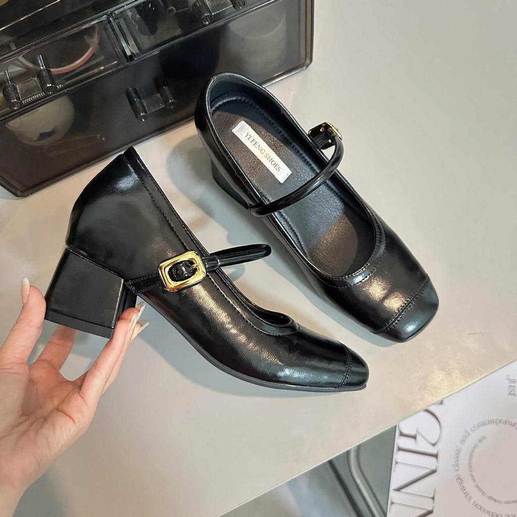 Small soft leather thick heel plus inner increase of 8 cm Mary Jane women's shoes one-word buckle belt square head shallow mouth commuting women's