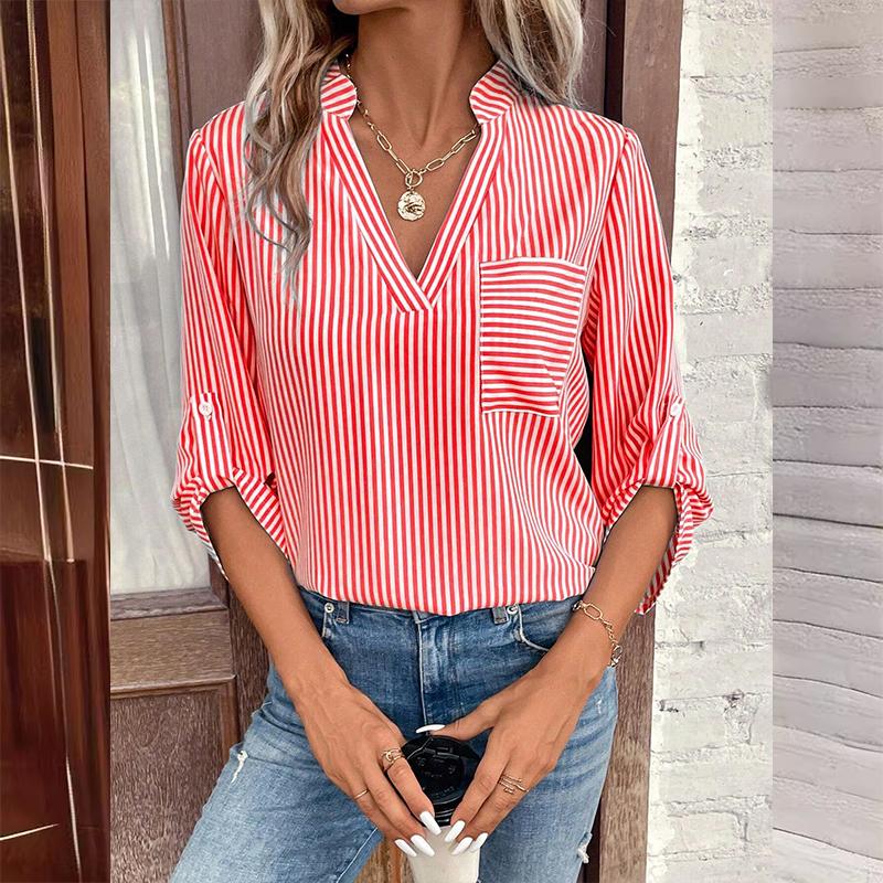 Dámský svetr s výstřihem do V, pruhovaným potiskem a dlouhým rukávem, ležérní košile