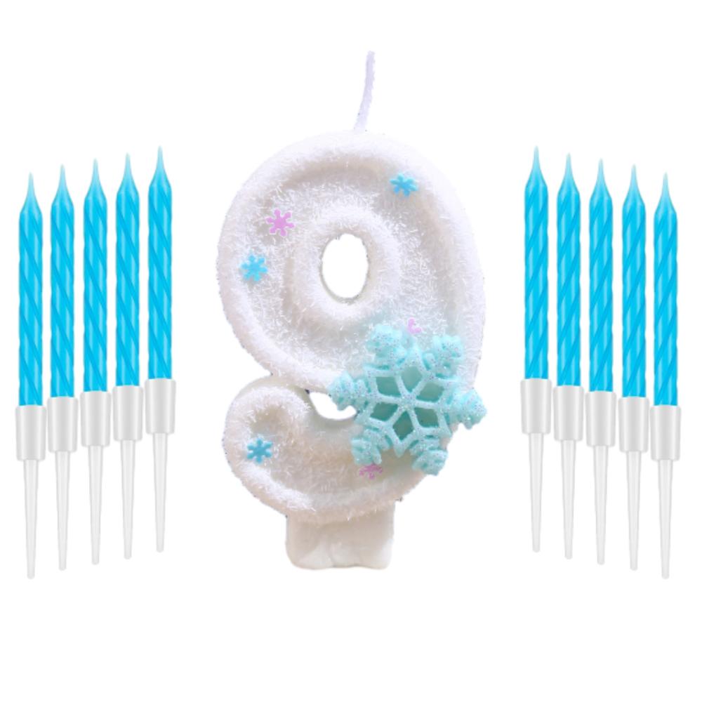 11pcs White Frozen Snow Themed Birthday Candles,White Snow Snowflake 0-9 Party Supplies,Winter Frozen Birthday Party Decorations