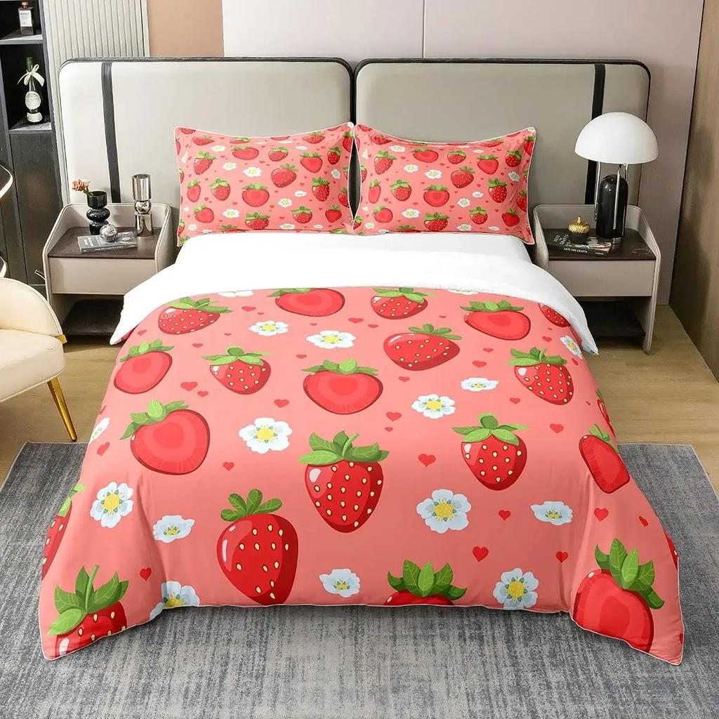 3Pcs Full Size Sweet Strawberry Bedding Set Duvet Cover for Kids Children Teens Comforter Cover Bed Room Decor Pink Quilt Cover