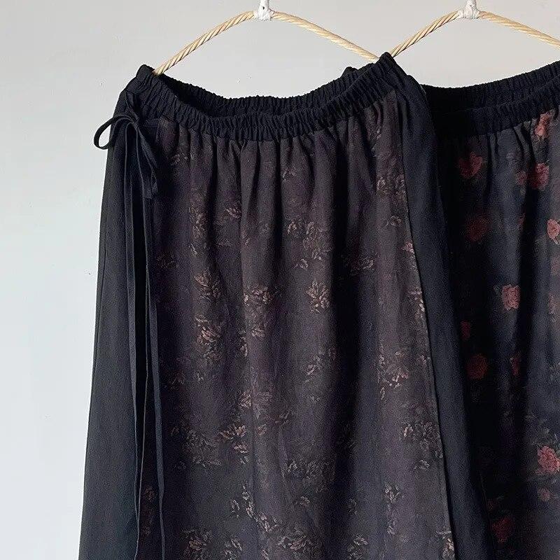 Johnature Women Vintage Linen Patchwork Print Floral A-Line Skirts Elastic Waist Clothes Autumn Chinese Style Skirts