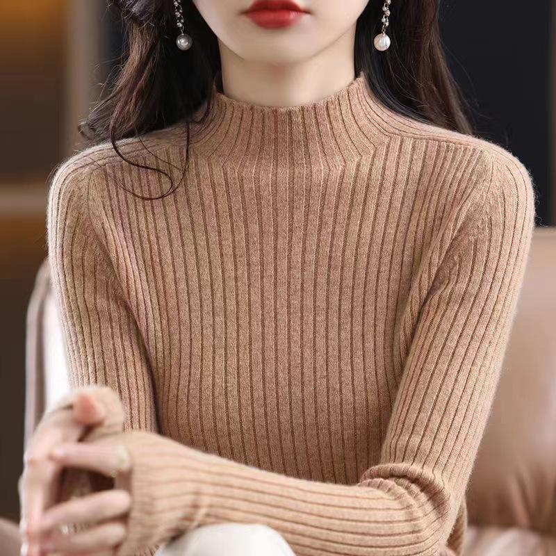 Solid Color Semi-turtleneck Bottoming Shirt Women's Inner High-end Sense Fashion Versatile Vertical Stripe Slim-fit Knitted Sweater Spring