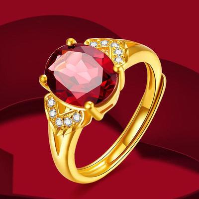 Vergoldeter Ring mit rotem Kristall für Damen - Verstellbarer europäischer Stil mit Rubin und voll mikrogepflastertem Zirkonia.