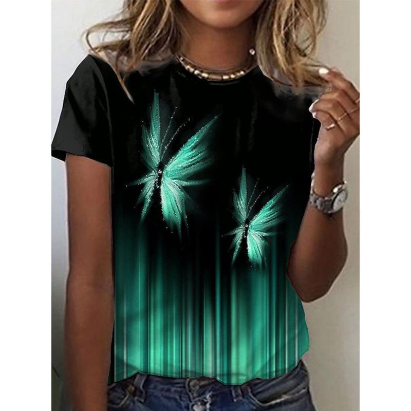 Women's Black Purple Butterfly Print Short Sleeve T-Shirt Casual Graphic Top