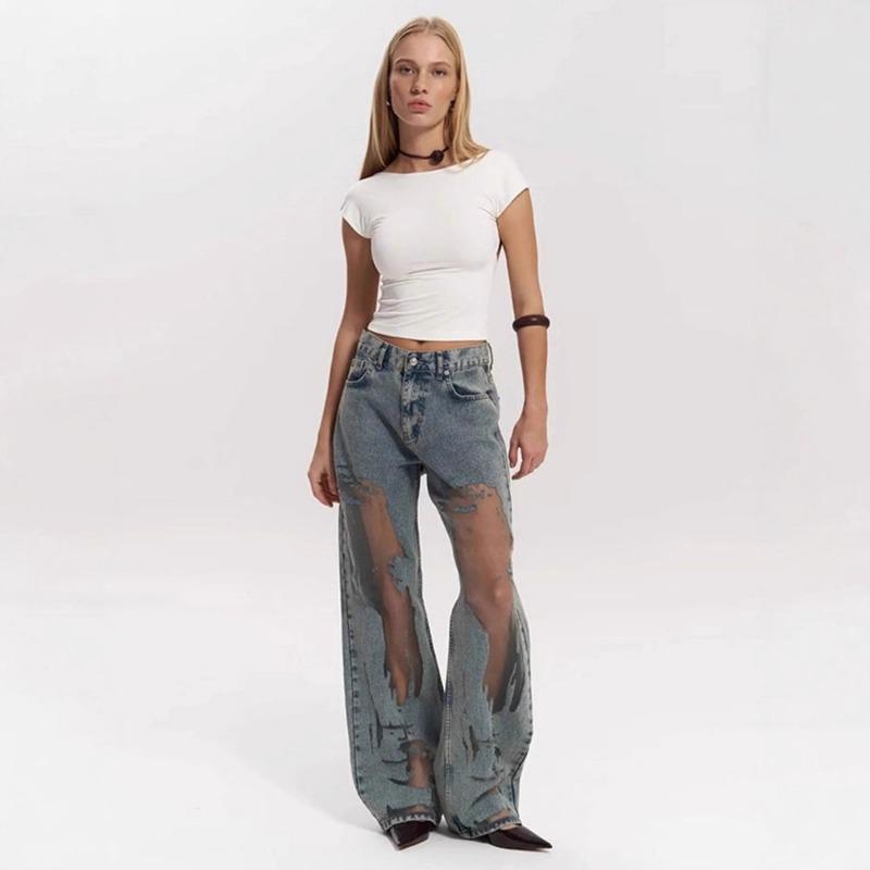 Damen Y2k Amerikanischer Stil Ausgeschnitten Patchwork Locker Gerade Jeans Lang Hosen