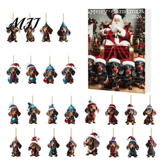 Regalo per Festa di Natale Calendari dell'Avvento Bassotto 2026, 24 Giorni Ciondolo Acrilico 2D Decorazione da Appendere all'Albero Calendario del Conto alla Rovescia, Ornamenti da Collezione Cane,