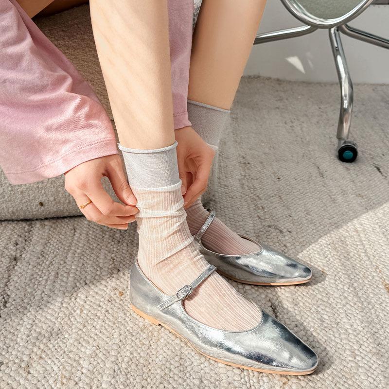 Silver Crystal Ballet Style Mid-Calf Socks - Women's Spring/Summer Transparent Ruffle Stockings, Japanese Sweet Girl Style.
