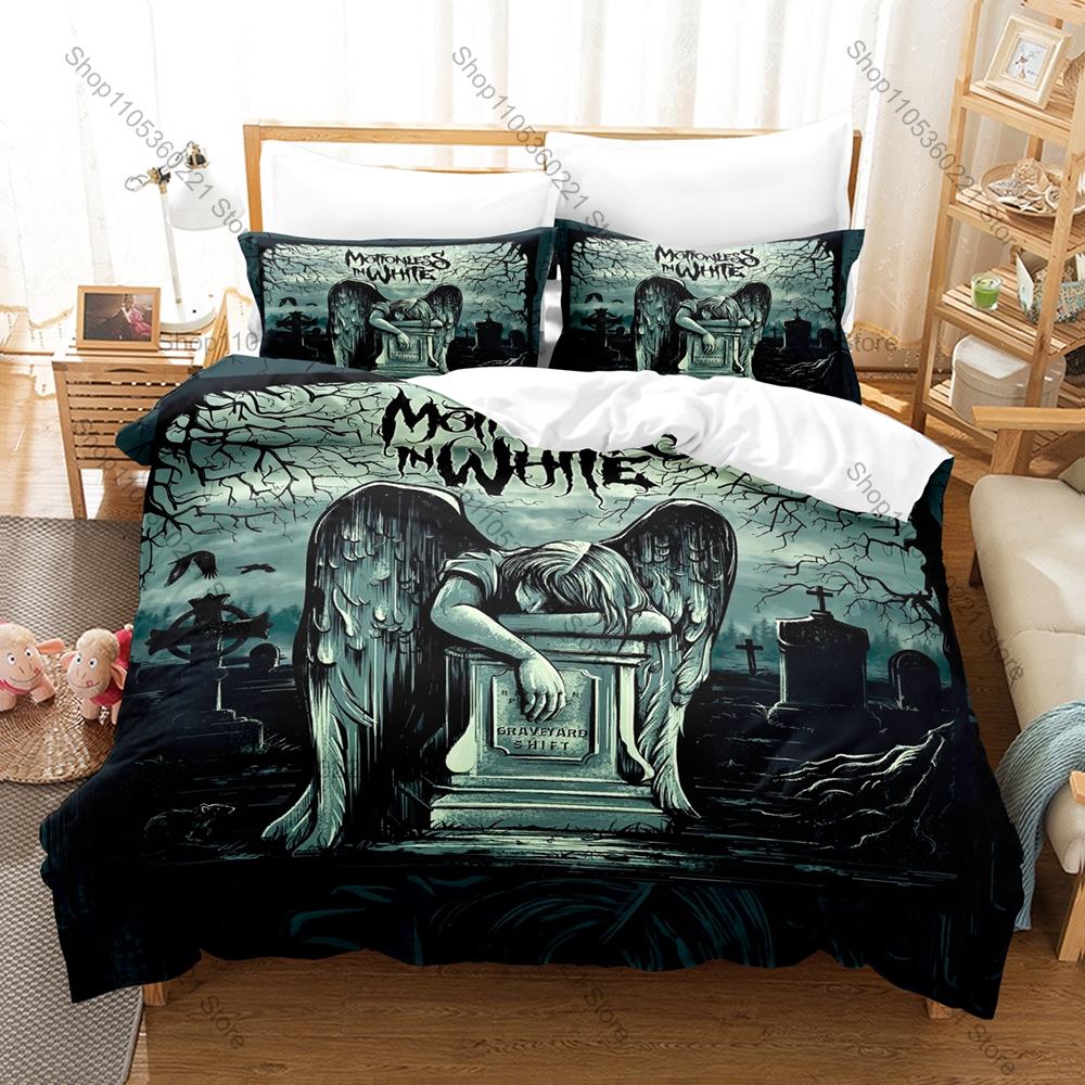 Spookachtige Zombie Schedel Grafisch M-Motionless In White Metalcore Beddengoed Set Dekbedovertrek Met 2 Kussenslopen Tiener Gotische Slaapkamer Decor