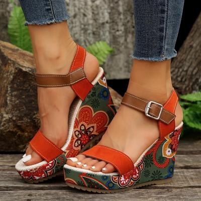 Summer Floral Print Open Wedges for Women Faux Leather Buckle Closure Platform High Heel Sandals
