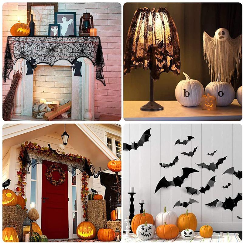 Spooky Halloween Table Runner Black Lace Spider Web Design Tablecloth Fireplace Scarf Haunted House Decor Party Decoration