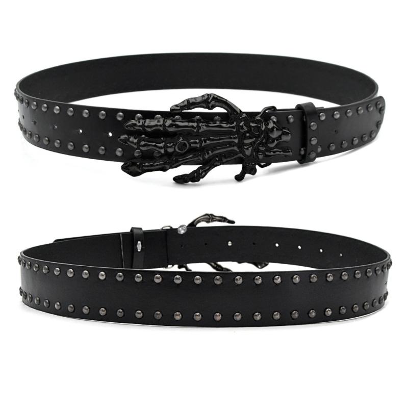 Skull Hand Design Faux Leather Belt for Men Women Adjustable Waist Strap Soft Lining for Casual Outfit or Party Wear